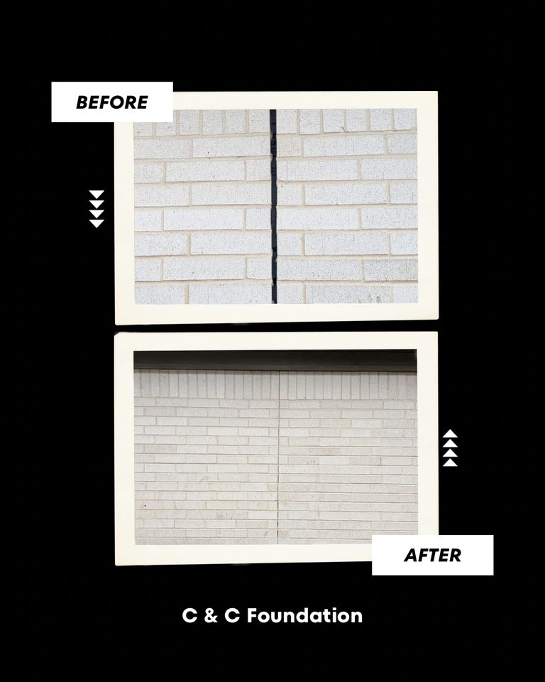 Before and after view of a repaired brick wall by C&C Foundation Repair